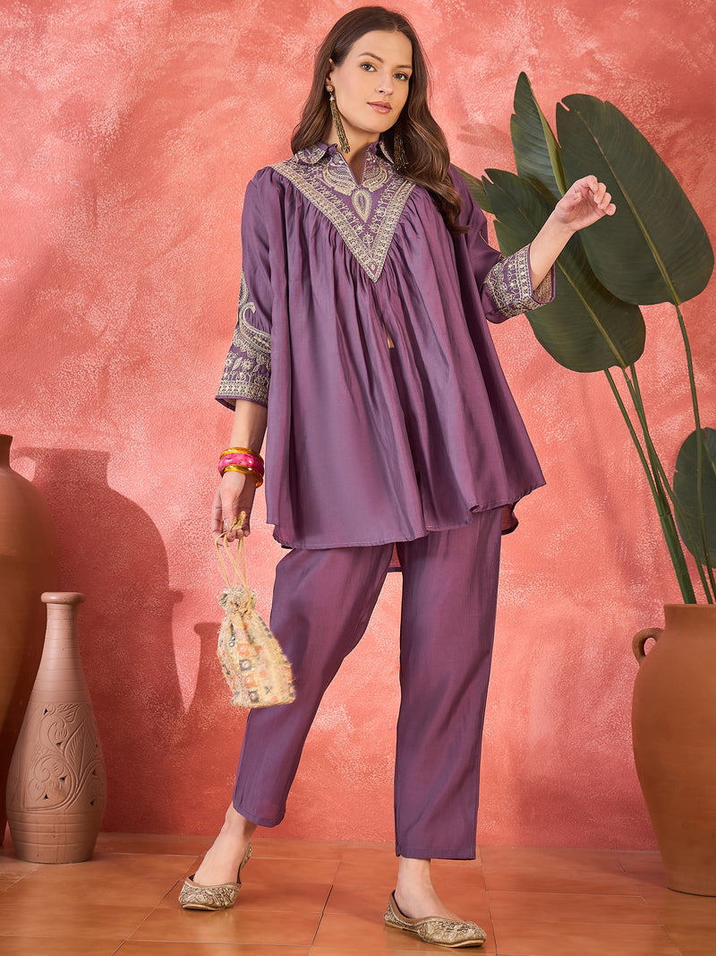 Floral Embellished Shirt Collar Tunic With Trouser Co-Ords Set