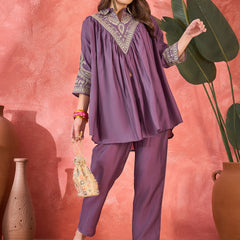 Floral Embellished Shirt Collar Tunic With Trouser Co-Ords Set