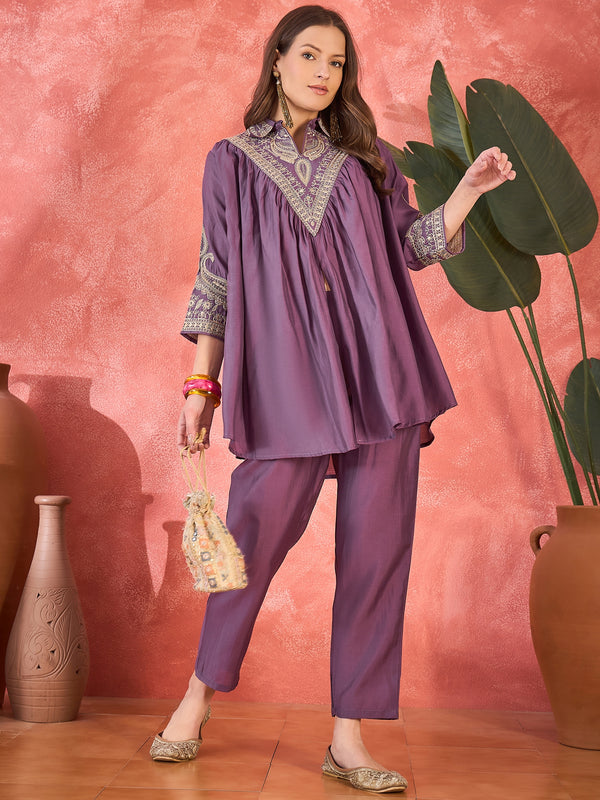 Wine Floral Embellished Shirt Collar Tunic With Trouser Co-Ords Set