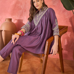 Floral Embellished Shirt Collar Tunic With Trouser Co-Ords Set