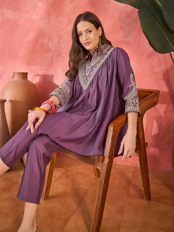 Wine Floral Embellished Shirt Collar Tunic With Trouser Co-Ords Set