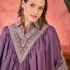 Floral Embellished Shirt Collar Tunic With Trouser Co-Ords Set
