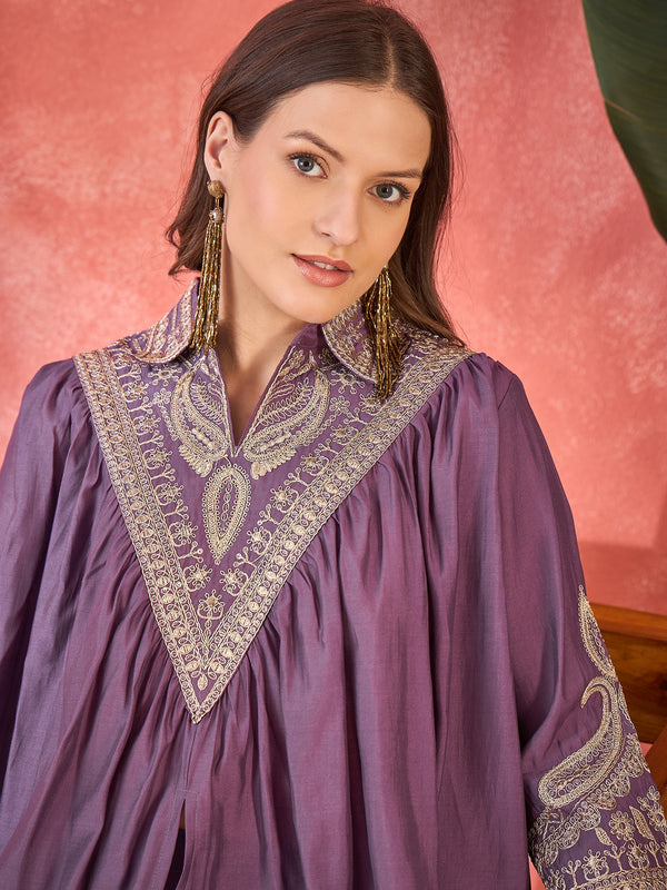 Wine Floral Embellished Shirt Collar Tunic With Trouser Co-Ords Set