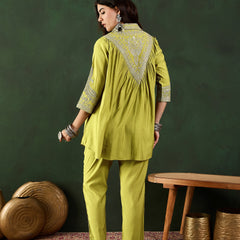 Green Floral Embellished Shirt Collar Tunic With Trouser Co-Ords Set