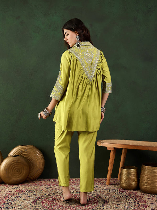 Green Floral Embellished Shirt Collar Tunic With Trouser Co-Ords Set