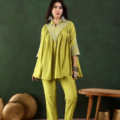 Green Floral Embellished Shirt Collar Tunic With Trouser Co-Ords Set