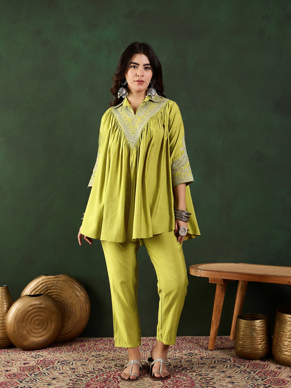 Green Floral Embellished Shirt Collar Tunic With Trouser Co-Ords Set