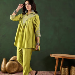 Green Floral Embellished Shirt Collar Tunic With Trouser Co-Ords Set