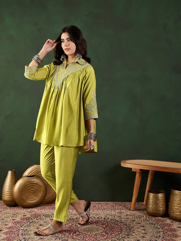Green Floral Embellished Shirt Collar Tunic With Trouser Co-Ords Set