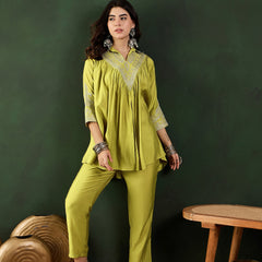 Green Floral Embellished Shirt Collar Tunic With Trouser Co-Ords Set