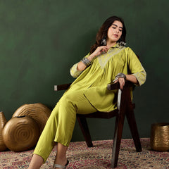 Green Floral Embellished Shirt Collar Tunic With Trouser Co-Ords Set