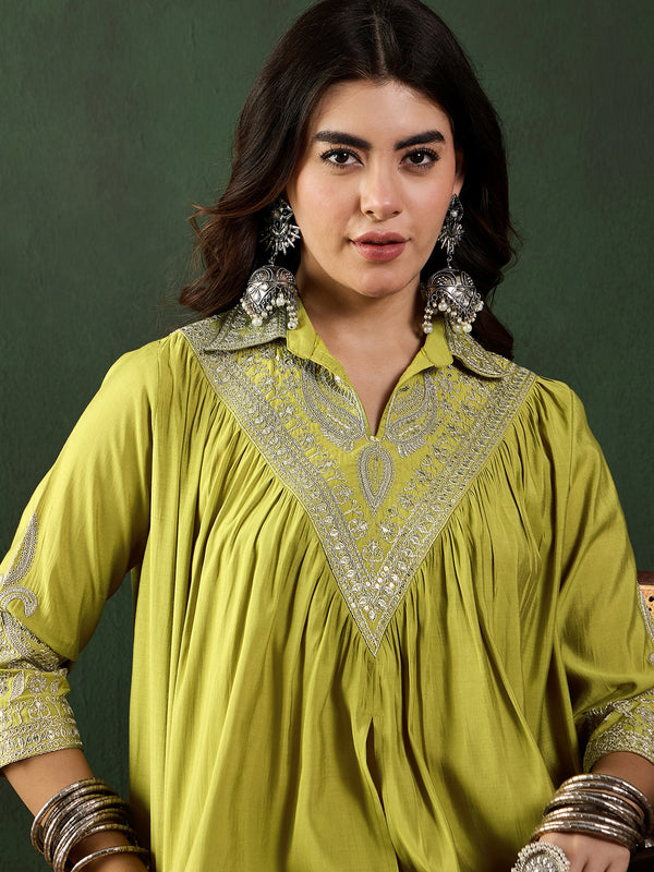Green Floral Embellished Shirt Collar Tunic With Trouser Co-Ords Set