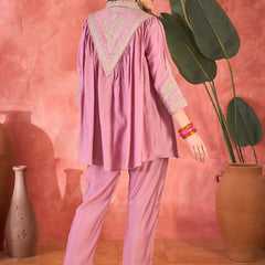 Floral Embellished Shirt Collar Tunic With Trouser Co-Ords Set
