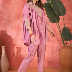 Floral Embellished Shirt Collar Tunic With Trouser Co-Ords Set
