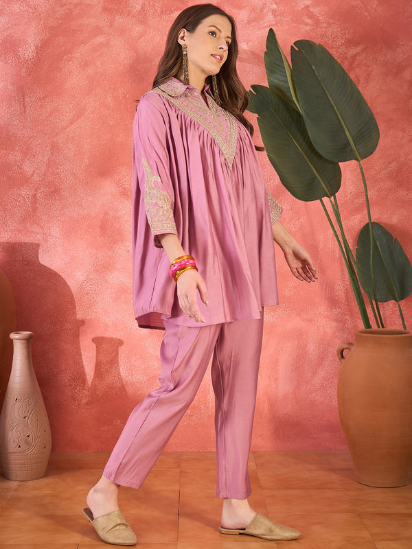 Mauve Floral Embellished Shirt Collar Tunic With Trouser Co-Ords Set