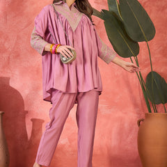 Floral Embellished Shirt Collar Tunic With Trouser Co-Ords Set