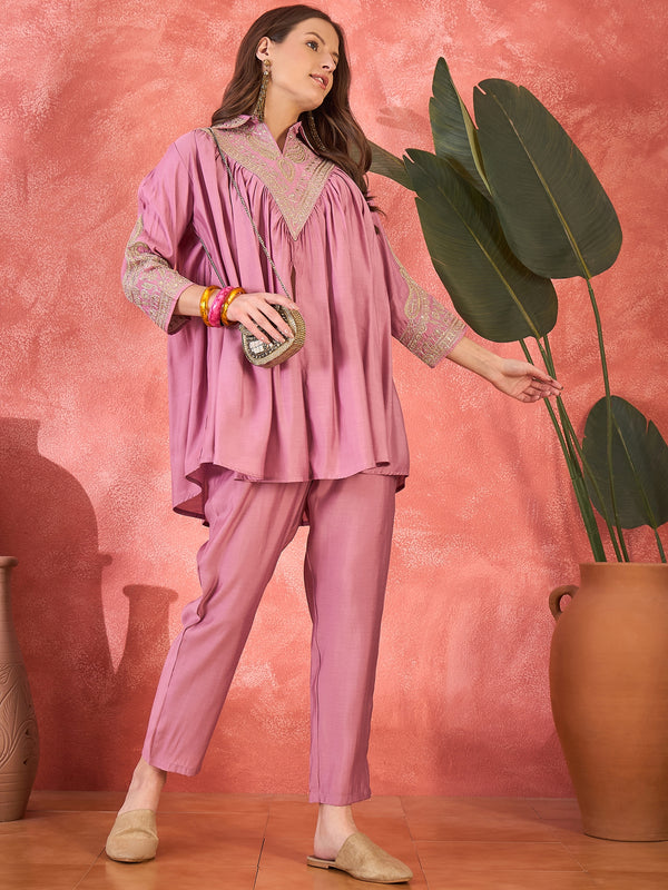 Mauve Floral Embellished Shirt Collar Tunic With Trouser Co-Ords Set