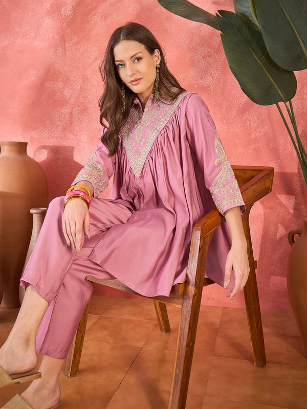 Wine Floral Embellished Shirt Collar Tunic With Trouser Co-Ords Set