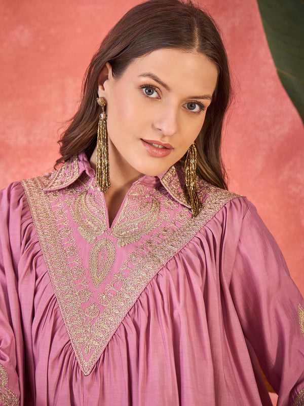 Mauve Floral Embellished Shirt Collar Tunic With Trouser Co-Ords Set