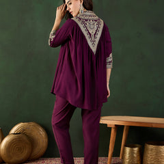 Wine Floral Embellished Shirt Collar Tunic With Trouser Co-Ords Set