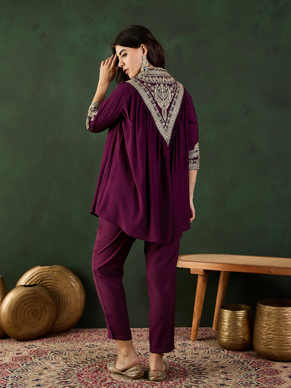 Wine Floral Embellished Shirt Collar Tunic With Trouser Co-Ords Set