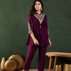 Wine Floral Embellished Shirt Collar Tunic With Trouser Co-Ords Set