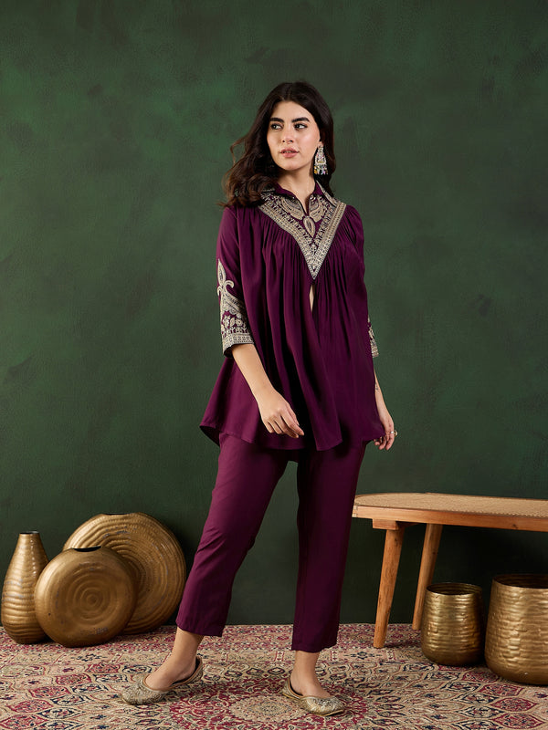 Wine Floral Embellished Shirt Collar Tunic With Trouser Co-Ords Set
