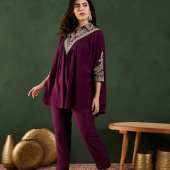 Wine Floral Embellished Shirt Collar Tunic With Trouser Co-Ords Set