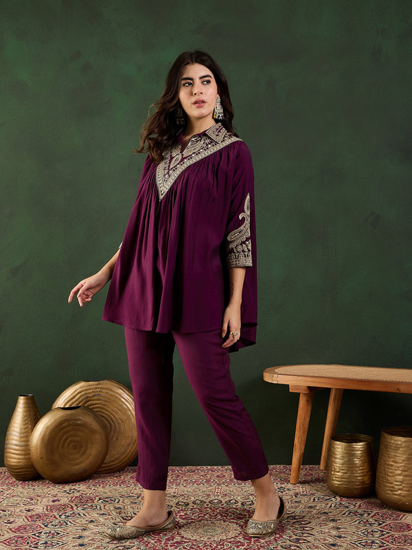 Wine Floral Embellished Shirt Collar Tunic With Trouser Co-Ords Set