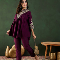 Wine Floral Embellished Shirt Collar Tunic With Trouser Co-Ords Set
