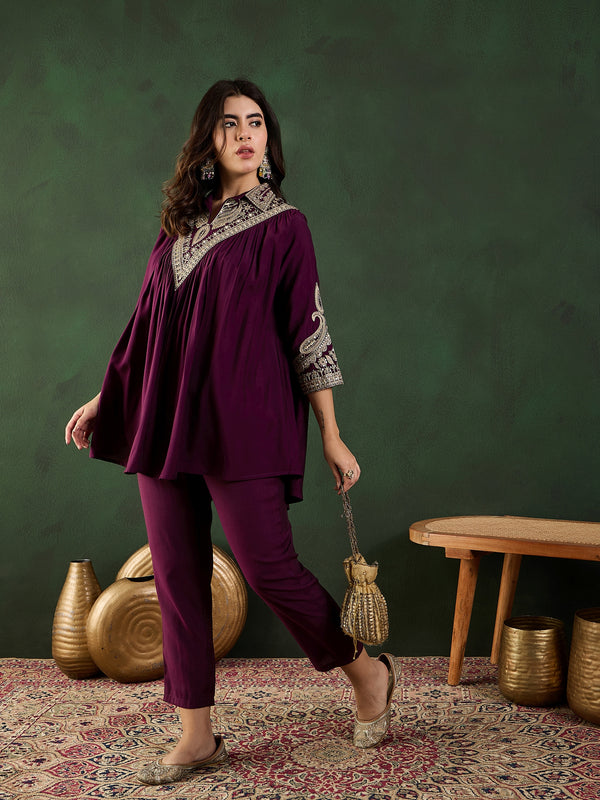 Wine Floral Embellished Shirt Collar Tunic With Trouser Co-Ords Set