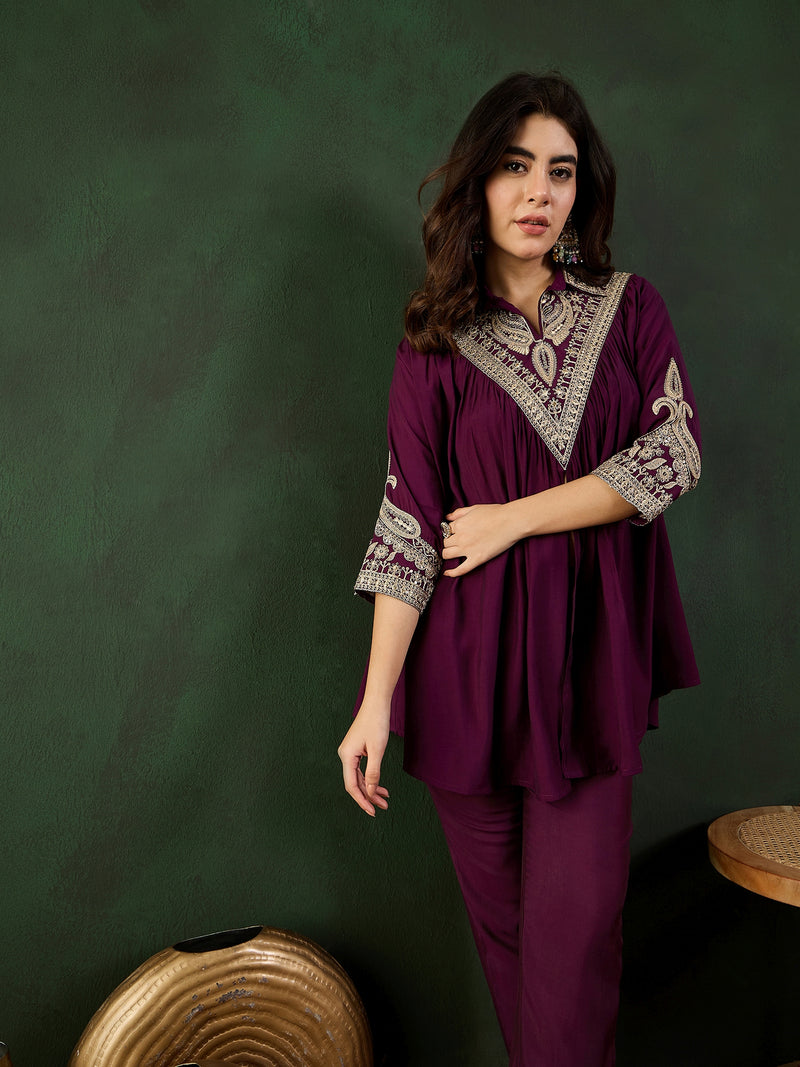 Wine Floral Embellished Shirt Collar Tunic With Trouser Co-Ords Set