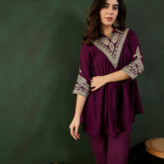 Wine Floral Embellished Shirt Collar Tunic With Trouser Co-Ords Set