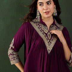 Wine Floral Embellished Shirt Collar Tunic With Trouser Co-Ords Set