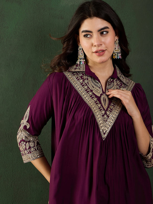 Wine Floral Embellished Shirt Collar Tunic With Trouser Co-Ords Set