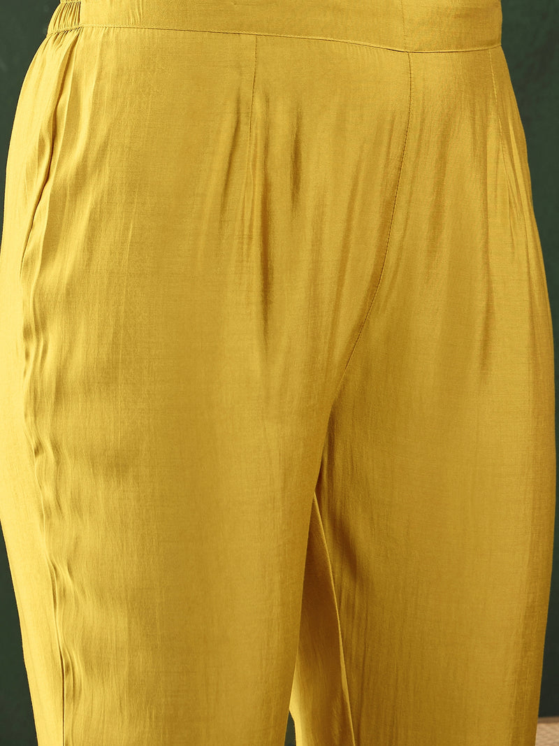 Yellow Floral Embellished Shirt Collar Tunic With Trouser Co-Ords Set