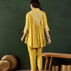 Yellow Floral Embellished Shirt Collar Tunic With Trouser Co-Ords Set