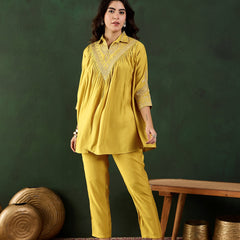 Yellow Floral Embellished Shirt Collar Tunic With Trouser Co-Ords Set