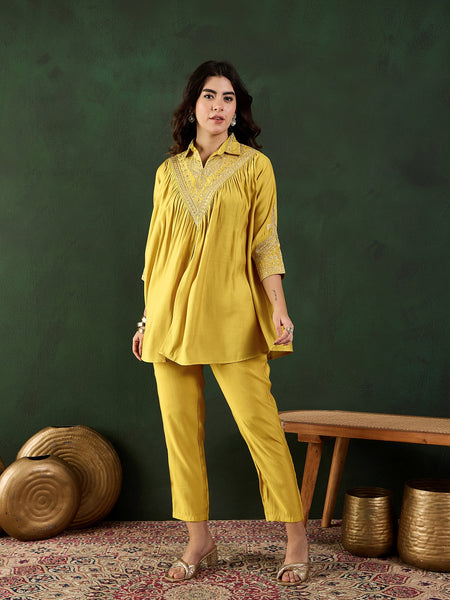 Yellow Floral Embellished Shirt Collar Tunic With Trouser Co-Ords Set