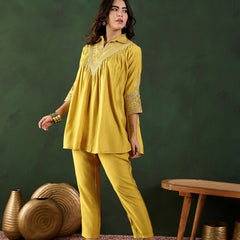 Yellow Floral Embellished Shirt Collar Tunic With Trouser Co-Ords Set