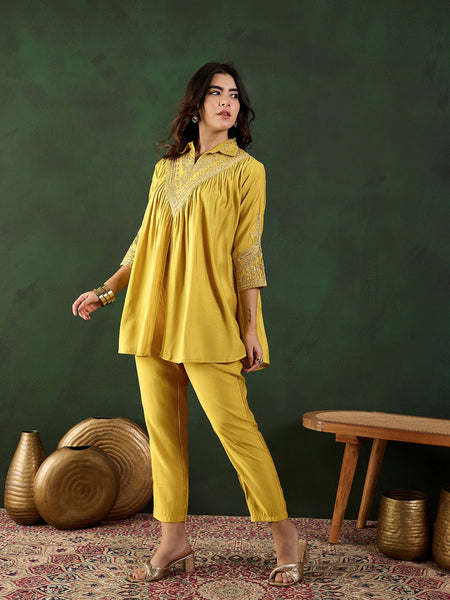 Yellow Floral Embellished Shirt Collar Tunic With Trouser Co-Ords Set