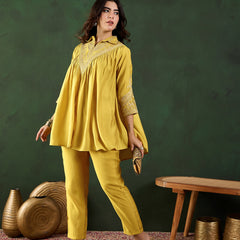 Yellow Floral Embellished Shirt Collar Tunic With Trouser Co-Ords Set