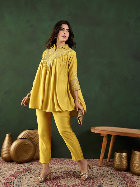 Yellow Floral Embellished Shirt Collar Tunic With Trouser Co-Ords Set
