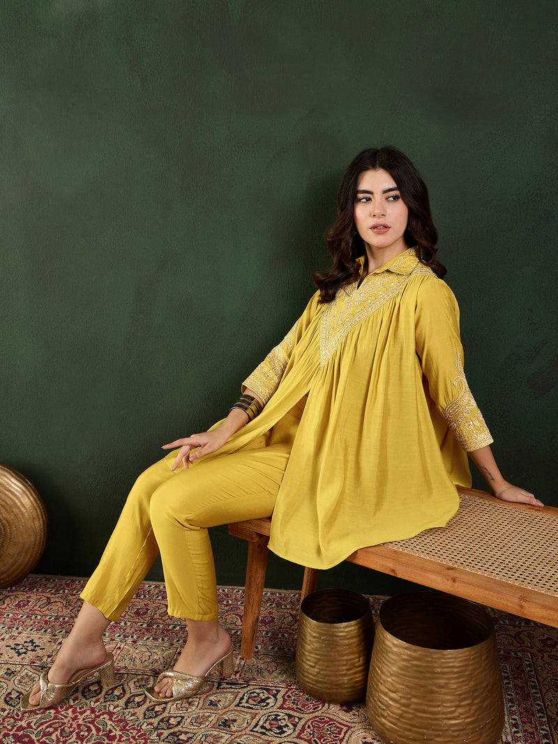 Yellow Floral Embellished Shirt Collar Tunic With Trouser Co-Ords Set