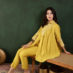 Yellow Floral Embellished Shirt Collar Tunic With Trouser Co-Ords Set
