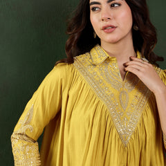 Yellow Floral Embellished Shirt Collar Tunic With Trouser Co-Ords Set