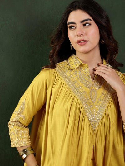 Front view of yellow floral tunic co-ord set with shirt collar