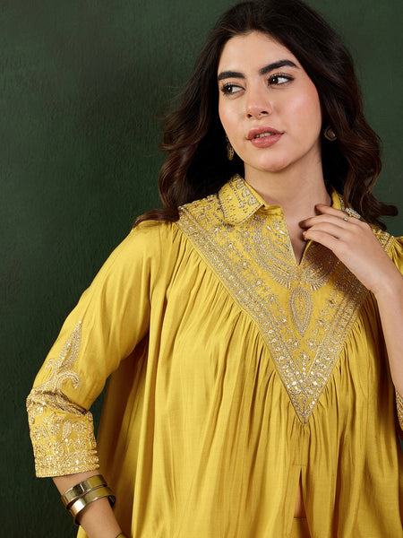 Yellow Floral Embellished Shirt Collar Tunic With Trouser Co-Ords Set