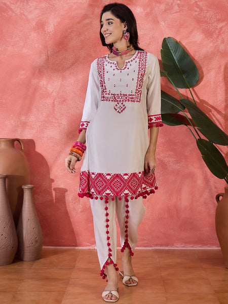 Floral Embroidered & Sequined A-Line Kurta With Dhoti Pant With Dupatta