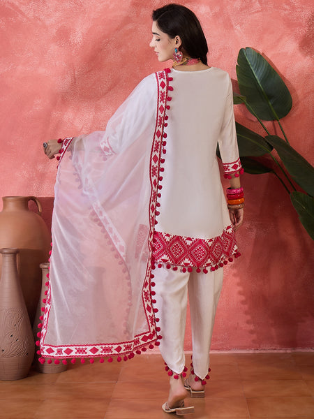 Floral Embroidered & Sequined A-Line Kurta With Dhoti Pant With Dupatta